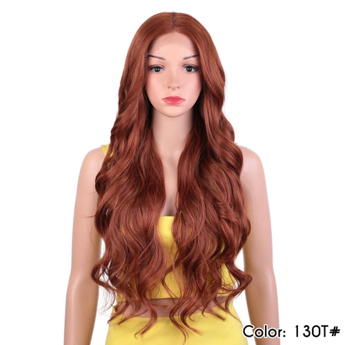 alt="Long wavy cosplay wig 30 inch synthetic lace with baby hair ombre blonde brown"