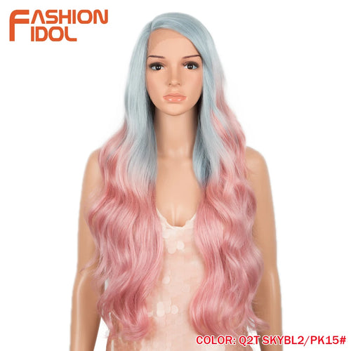 alt="Long wavy cosplay wig 30 inch synthetic lace with baby hair ombre blonde brown"