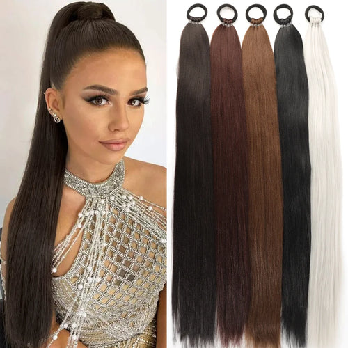 28-Inch Straight Synthetic Ponytail Extension – Elastic Hair Rope Wrap for Women