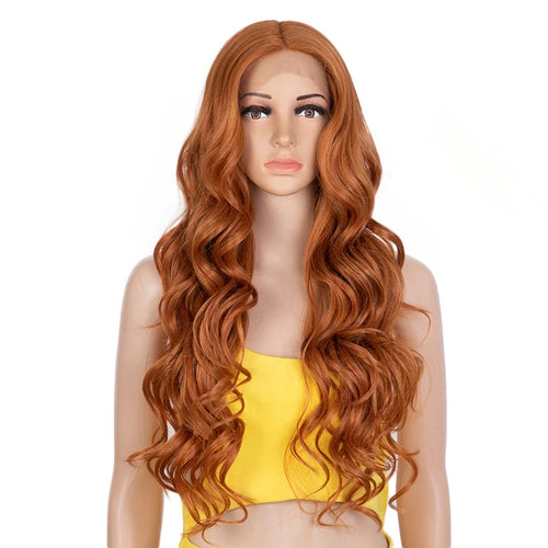 alt="Long wavy cosplay wig 30 inch synthetic lace with baby hair ombre blonde brown"