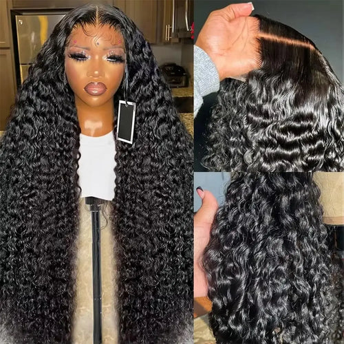 alt="13x6 deep wave human hair wig 32 inch pre-plucked natural color 200% density curly style"