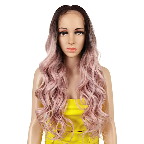 alt="Long wavy cosplay wig 30 inch synthetic lace with baby hair ombre blonde brown"