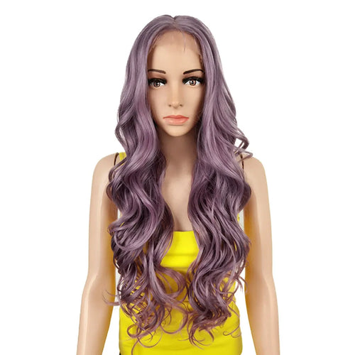 alt="Long wavy cosplay wig 30 inch synthetic lace with baby hair ombre blonde brown"