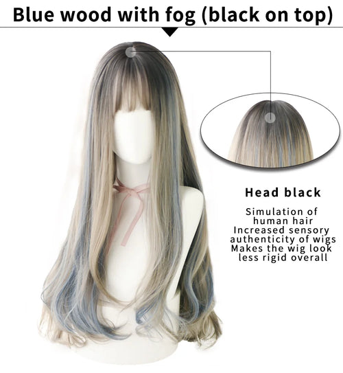 alt="7JHH long straight layered lolita wig with bangs in blue brown black ombre purple"