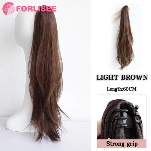 alt="FORLISEE synthetic grab clip ponytail extension 60cm natural black straight hairpiece"