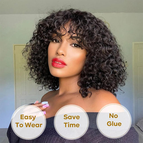 alt="Women’s bob curly human hair wig 16 inch 13x6 lace front pre-plucked water curly style"