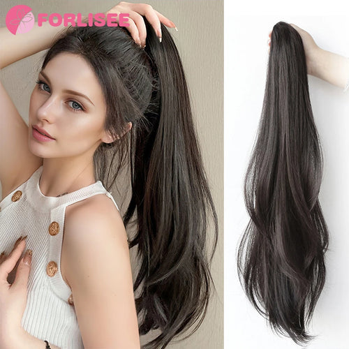 alt="FORLISEE synthetic grab clip ponytail extension 60cm natural black straight hairpiece"
