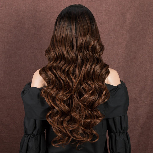 alt="Long wavy cosplay wig 30 inch synthetic lace with baby hair ombre blonde brown"