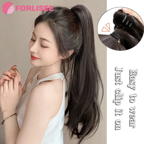 alt="FORLISEE synthetic grab clip ponytail extension 60cm natural black straight hairpiece"