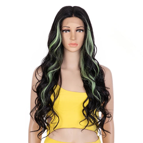 alt="Long wavy cosplay wig 30 inch synthetic lace with baby hair ombre blonde brown"