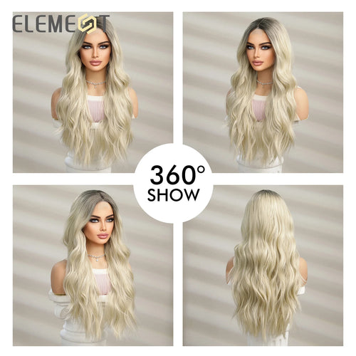 alt="ELEMENT elegant part front lace synthetic wig long curly wavy ombre white blonde hair for women daily party"