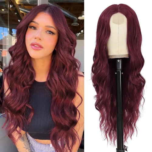 alt="26 inch synthetic lace ombre blonde wavy wig middle part curly natural looking heat-resistant fiber for women"