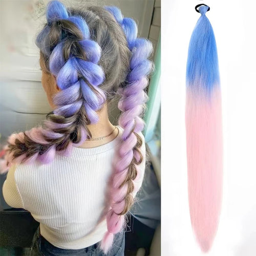 26Inch Synthetic Ponytail Extension with Elastic Tie Hair Band Long Yaki Straight Colored Braiding Ponytail Ombre Colors