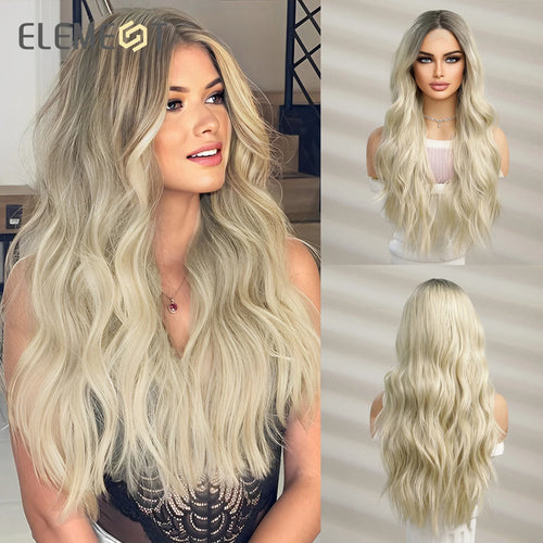 alt="ELEMENT elegant part front lace synthetic wig long curly wavy ombre white blonde hair for women daily party"