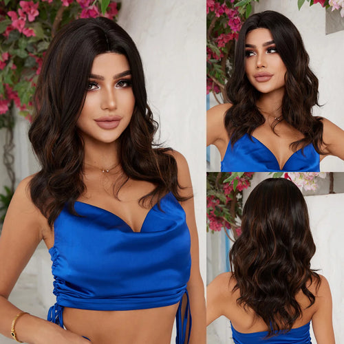 alt="ELEMENT elegant part front lace synthetic wig long curly wavy ombre white blonde hair for women daily party"