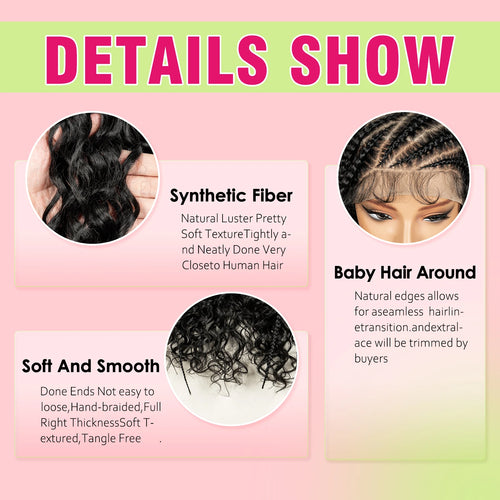 alt="Deep wave half cornrow synthetic curly wig with baby hair lace front 13x6"
