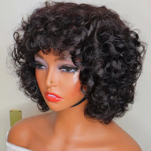Short Curly Bob Wig – Highlight Blonde & Burgundy, Egg Curl Pixie Cut, Full Machine-Made Fringe for Women