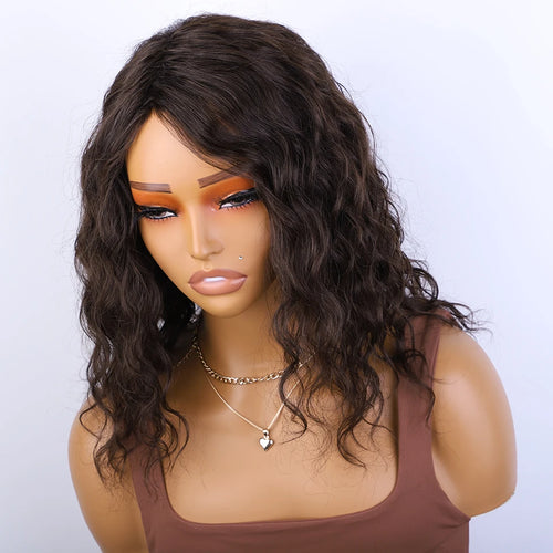 alt="Women’s short pixie cut human hair wig natural brown multi-parting 100% real high-quality hair"