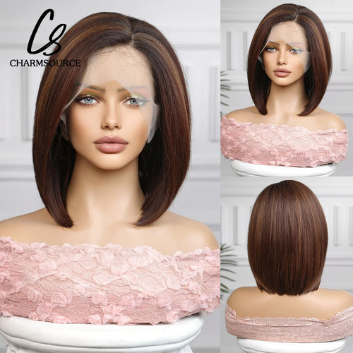 alt="CharmSource medium brown bob lace front synthetic wig short straight style for women"
