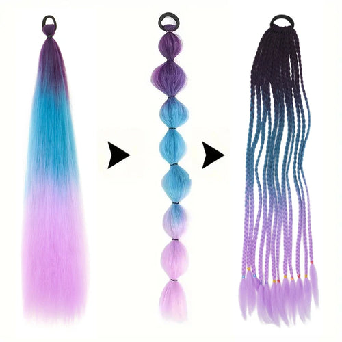 26Inch Synthetic Ponytail Extension with Elastic Tie Hair Band Long Yaki Straight Colored Braiding Ponytail Ombre Colors