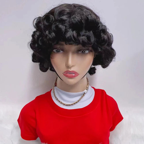 Short Curly Bob Wig – Highlight Blonde & Burgundy, Egg Curl Pixie Cut, Full Machine-Made Fringe for Women