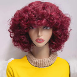 Short Curly Bob Wig – Highlight Blonde & Burgundy, Egg Curl Pixie Cut, Full Machine-Made Fringe for Women