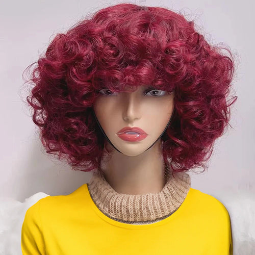 Short Curly Bob Wig – Highlight Blonde & Burgundy, Egg Curl Pixie Cut, Full Machine-Made Fringe for Women
