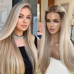 Blondynka Syntetyczna Peruka Koronkowa – 30 Cali Ombre Długie Proste Włosy, Naturalna Linia Włosów