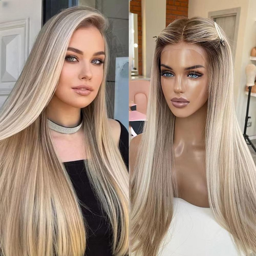 Blonde Synthetic Lace Front Wig – 30 Inch Ombre Long Straight Hair, Natural Hairline