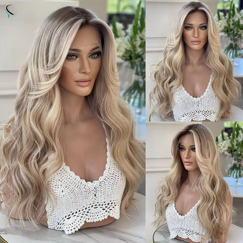 Blonde Synthetic Lace Front Wig – 30 Inch Ombre Long Straight Hair, Natural Hairline