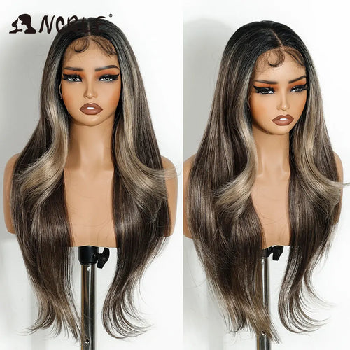 alt="Long straight lace wig 28 inch HD transparent 13x4 synthetic with baby hair"