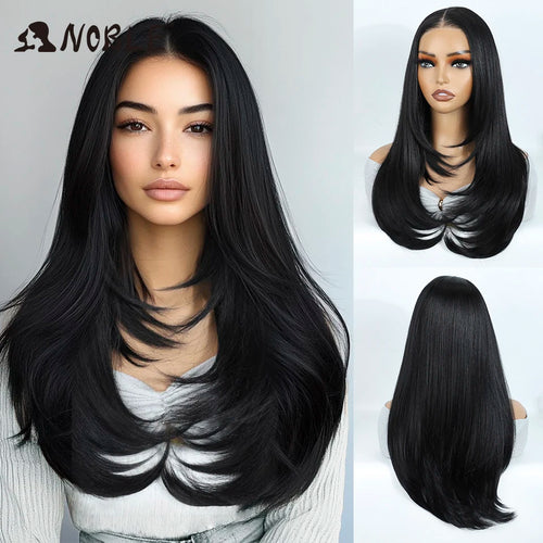 Noble Synthetic Lace Front Wig 24 Inch Straight Lace Wig Ombre Brown 6x4 Pre Plucked Pre Cut Wear and Go Glueless Wigs For Woman
