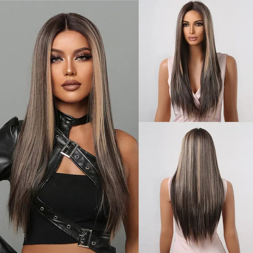 alt="Long loose curly deep wave lace front synthetic wig with middle part for women"