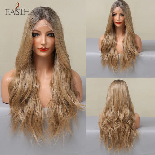 alt="EASIHAIR long blonde lace front synthetic wig natural wave with baby hair for women"