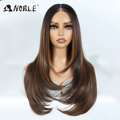 Noble Synthetic Lace Front Wig 24 Inch Straight Lace Wig Ombre Brown 6x4 Pre Plucked Pre Cut Wear and Go Glueless Wigs For Woman