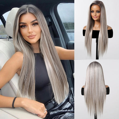 alt="ELEMENT 13x6 lace front synthetic wig straight white blonde daily party elegant hair for women"