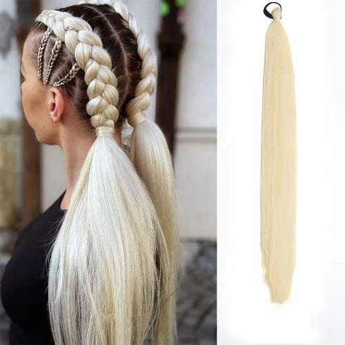 26Inch Synthetic Ponytail Extension with Elastic Tie Hair Band Long Yaki Straight Colored Braiding Ponytail Ombre Colors