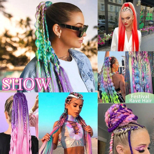 2PCS Synthetic Straight Ponytail, Colorful Braiding Hair with Elastic Bands for Women