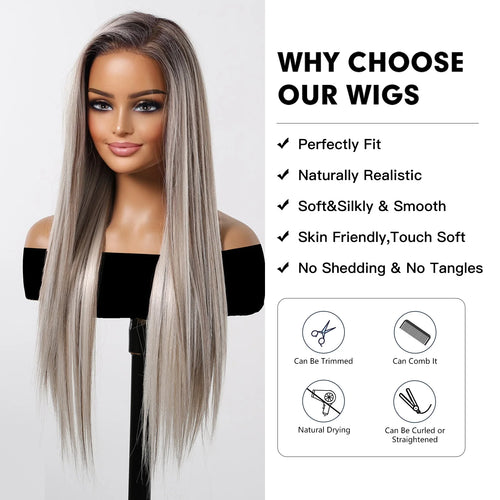 alt="ELEMENT 13x6 lace front synthetic wig straight white blonde daily party elegant hair for women"