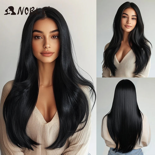 alt="Long straight lace wig 28 inch HD transparent 13x4 synthetic with baby hair"