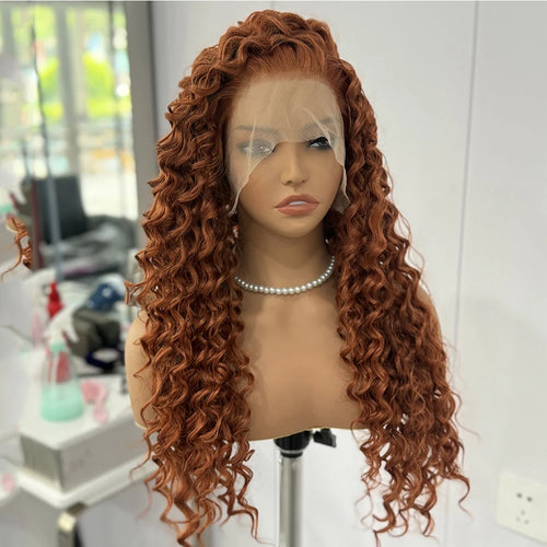 alt="Long loose curly deep wave lace front synthetic wig with middle part for women"