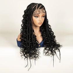 alt="Deep wave half cornrow synthetic curly wig with baby hair lace front 13x6"