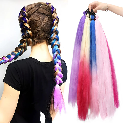 26Inch Synthetic Ponytail Extension with Elastic Tie Hair Band Long Yaki Straight Colored Braiding Ponytail Ombre Colors