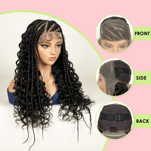 alt="Deep wave half cornrow synthetic curly wig with baby hair lace front 13x6"