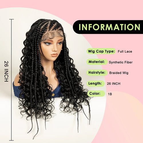 alt="Deep wave half cornrow synthetic curly wig with baby hair lace front 13x6"