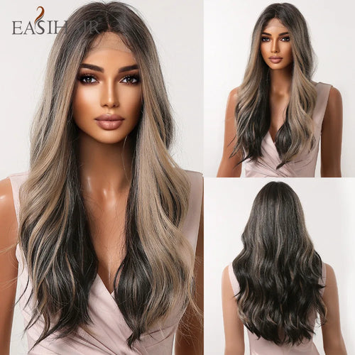 alt="EASIHAIR long blonde lace front synthetic wig natural wave with baby hair for women"