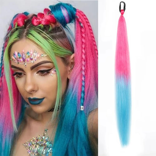 26Inch Synthetic Ponytail Extension with Elastic Tie Hair Band Long Yaki Straight Colored Braiding Ponytail Ombre Colors