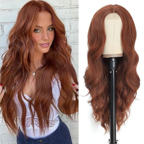 alt="26 inch synthetic lace ombre blonde wavy wig middle part curly natural looking heat-resistant fiber for women"