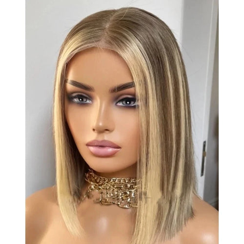 Warm Honey Blonde Lace Front Bob Wig – 150% Density, Straight Synthetic Hair for Women