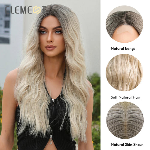 alt="ELEMENT elegant part front lace synthetic wig long curly wavy ombre white blonde hair for women daily party"